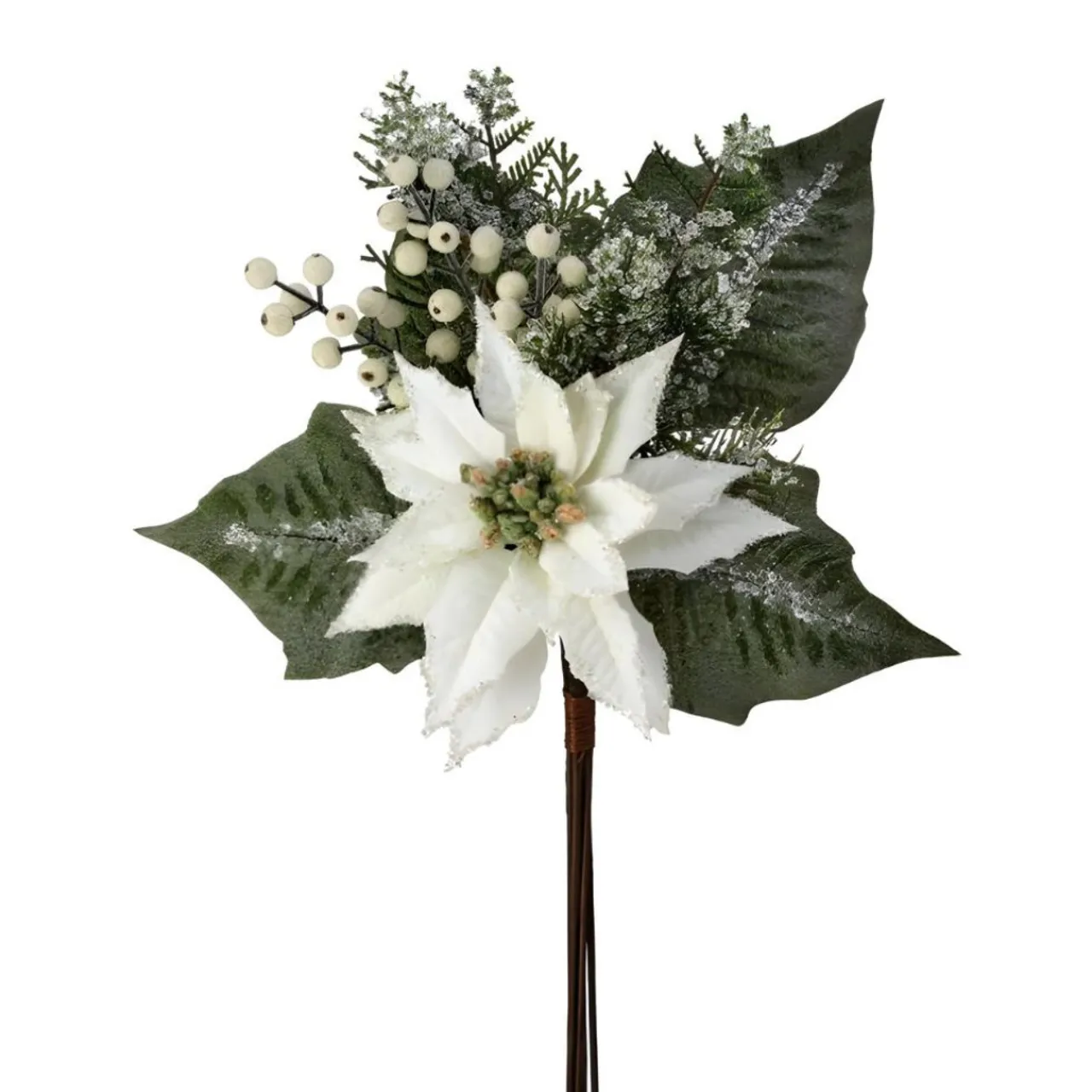Velvet White Poinsettia Berry Pine Iced Pick< Discount