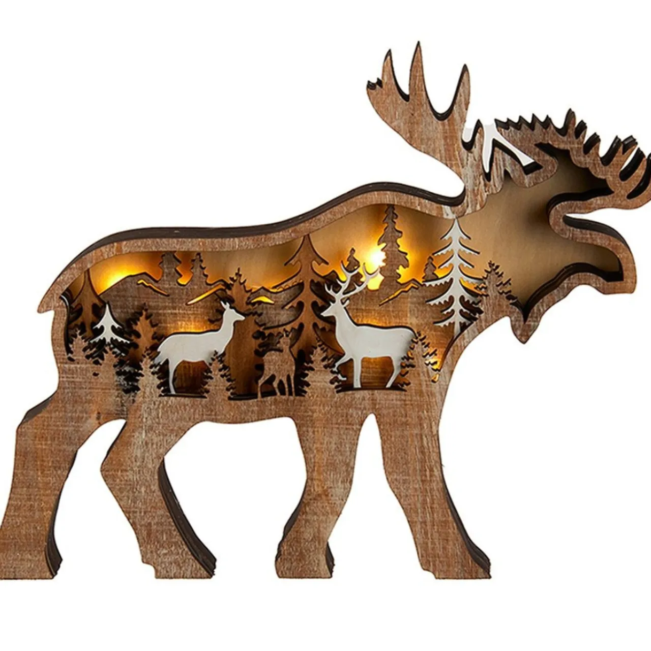 Wood Moose Figurine With Light-Up Forest Scene Christmas Table Decor<Kurt Adler Hot