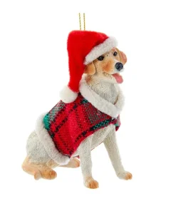 Yellow Labrador Retriever with Plaid Coat and Santa Hat Ornament<Kurt Adler Fashion